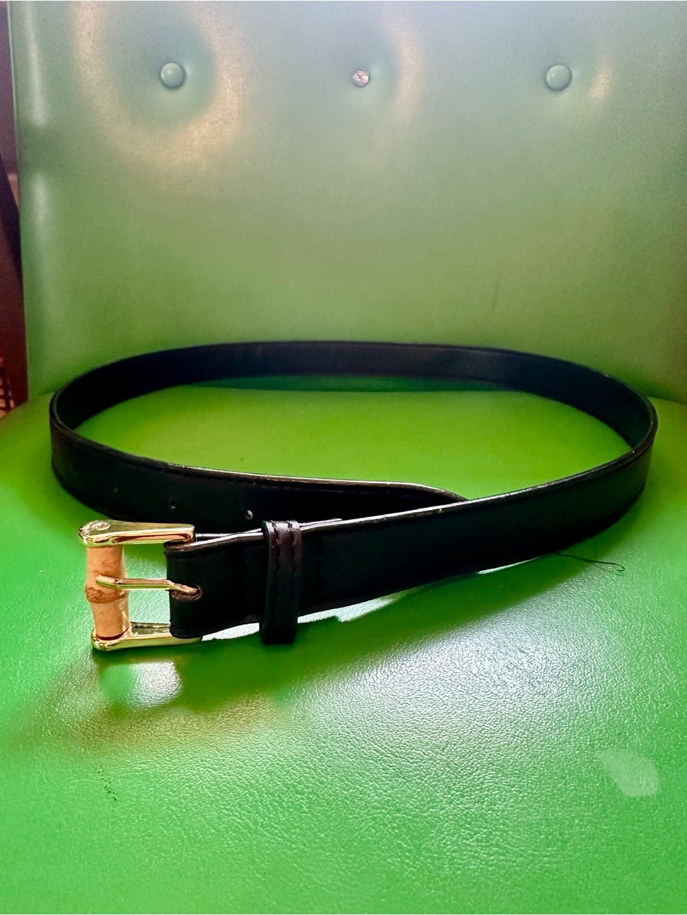 Classic Black Leather Belt with Gold and Bamboo Buckle